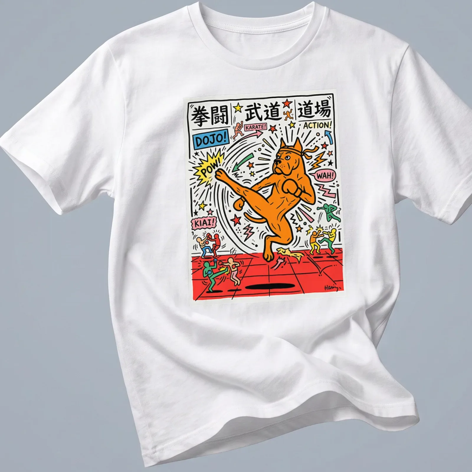 Colorful cartoon of a boxer dog with martial arts text and symbols — printed on a unisex t-shirt