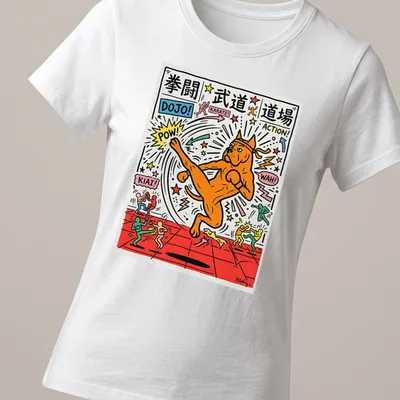 Colorful cartoon of a boxer dog with martial arts text and symbols — printed on a women's shirt