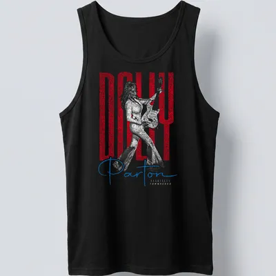 Distressed portrait of Dolly Parton holding a guitar with colorful text. — printed on a tank top