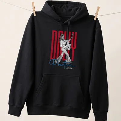 Distressed portrait of Dolly Parton holding a guitar with colorful text. — printed on a unisex hoodie