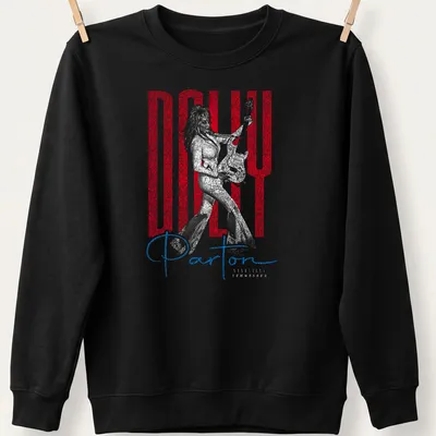 Distressed portrait of Dolly Parton holding a guitar with colorful text. — printed on a unisex sweatshirt