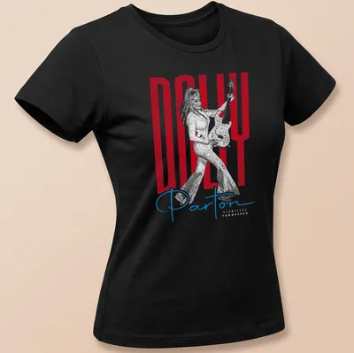 Distressed portrait of Dolly Parton holding a guitar with colorful text. — printed on a women's shirt