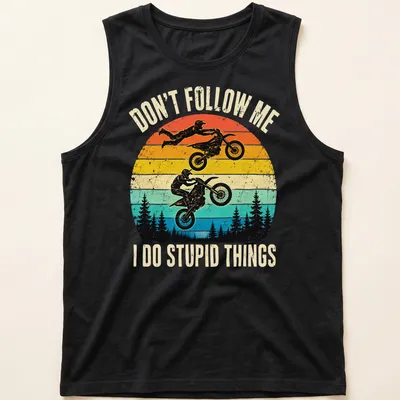 Retro distressed motocross t-shirt featuring riders and humorous text — printed on a tank top