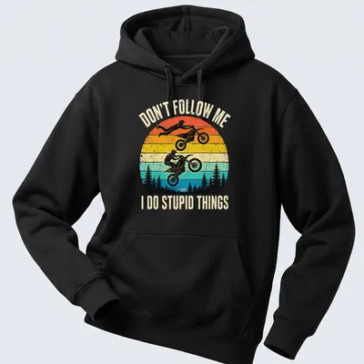 Retro distressed motocross t-shirt featuring riders and humorous text — printed on a unisex hoodie