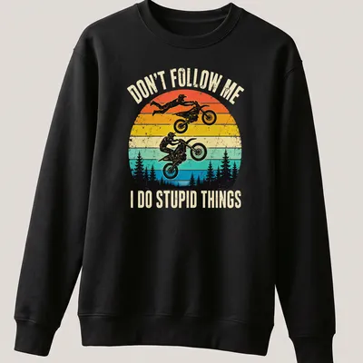 Retro distressed motocross t-shirt featuring riders and humorous text — printed on a unisex sweatshirt
