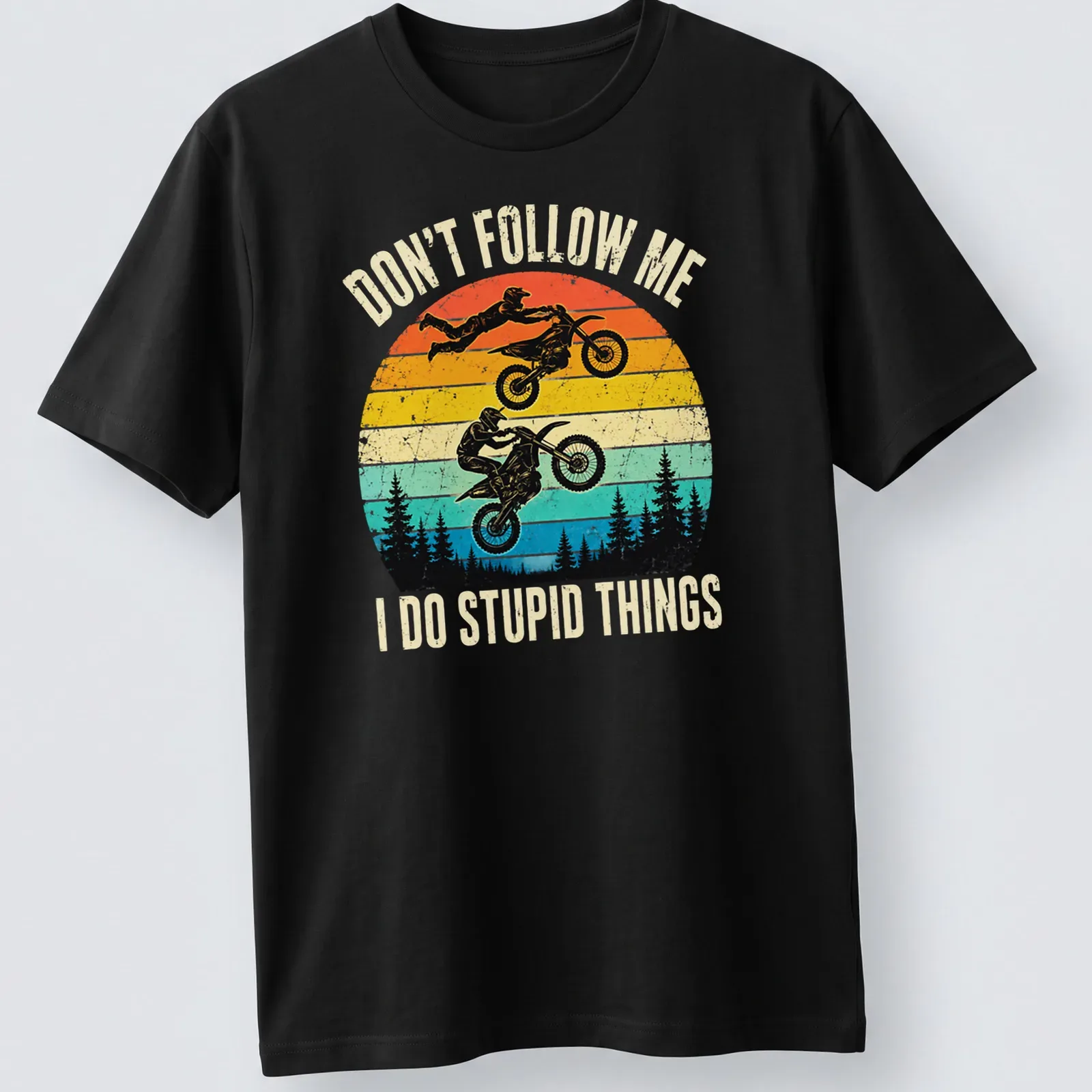Retro distressed motocross t-shirt featuring riders and humorous text — printed on a unisex t-shirt