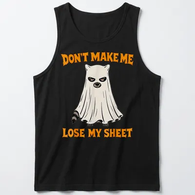 Cartoon ghost raccoon with humorous text about losing a sheet in orange, black, and white — printed on a tank top