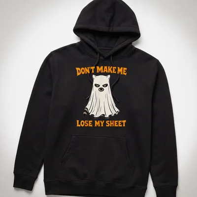 Cartoon ghost raccoon with humorous text about losing a sheet in orange, black, and white — printed on a unisex hoodie