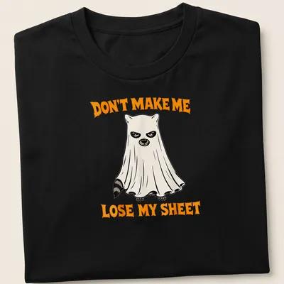 Cartoon ghost raccoon with humorous text about losing a sheet in orange, black, and white — printed on a unisex t-shirt