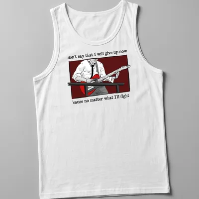 Illustrative design featuring a person playing guitar with inspirational text — printed on a tank top