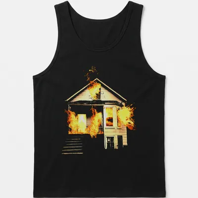 Illustrative design of a house on fire in orange, yellow, and black — printed on a tank top