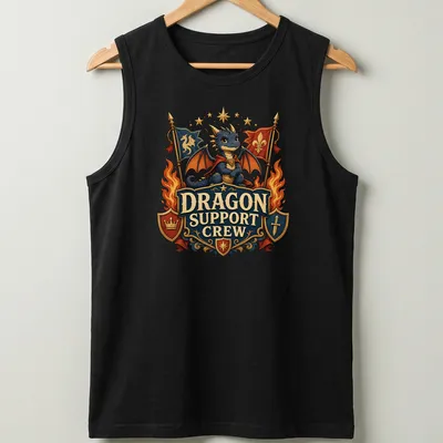 Cute fantasy illustration of a blue dragon with text Dragon Support Crew. — printed on a tank top