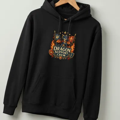 Cute fantasy illustration of a blue dragon with text Dragon Support Crew. — printed on a unisex hoodie