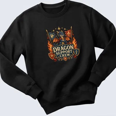 Cute fantasy illustration of a blue dragon with text Dragon Support Crew. — printed on a unisex sweatshirt