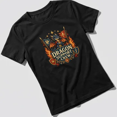 Cute fantasy illustration of a blue dragon with text Dragon Support Crew. — printed on a women's shirt