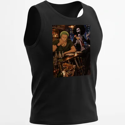 Anime-style design of two characters clinking drinks with the text 'Drinking Break' above. — printed on a tank top