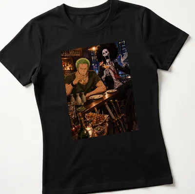 Anime-style design of two characters clinking drinks with the text 'Drinking Break' above. — printed on a women's shirt