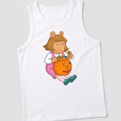Cartoon image of a girl with a pumpkin candy bucket and colorful text — printed on a tank top