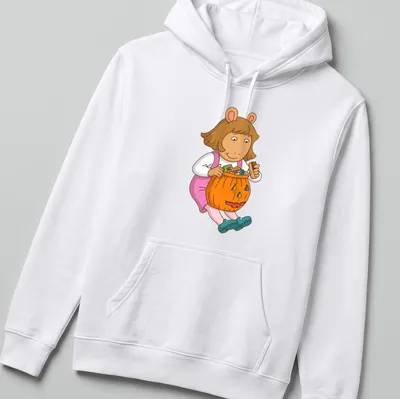 Cartoon image of a girl with a pumpkin candy bucket and colorful text — printed on a unisex hoodie
