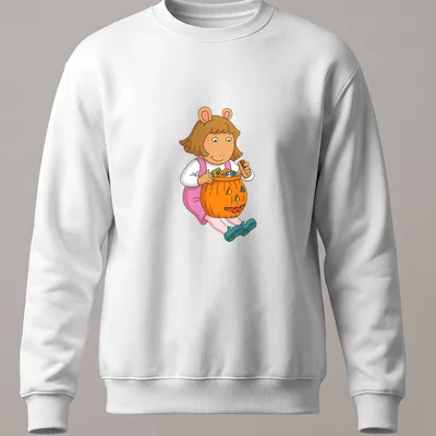 Cartoon image of a girl with a pumpkin candy bucket and colorful text — printed on a unisex sweatshirt