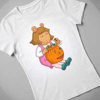 Cartoon image of a girl with a pumpkin candy bucket and colorful text — printed on a women's shirt