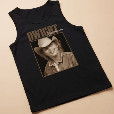 Vintage sepia design featuring Dwight Yoakam text on a musical-themed — printed on a tank top