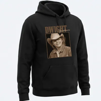 Vintage sepia design featuring Dwight Yoakam text on a musical-themed — printed on a unisex hoodie