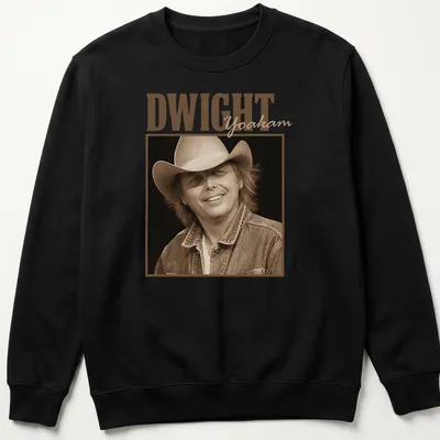 Vintage sepia design featuring Dwight Yoakam text on a musical-themed — printed on a unisex sweatshirt