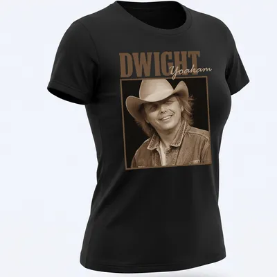 Vintage sepia design featuring Dwight Yoakam text on a musical-themed — printed on a women's shirt