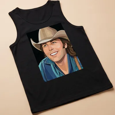 Vector illustration of Dwight Yoakam in a cowboy hat, featuring modern lines and colors — printed on a tank top