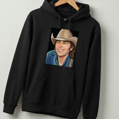 Vector illustration of Dwight Yoakam in a cowboy hat, featuring modern lines and colors — printed on a unisex hoodie