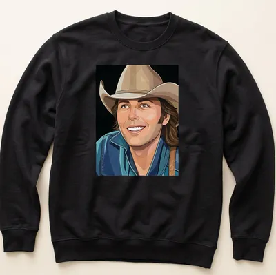 Vector illustration of Dwight Yoakam in a cowboy hat, featuring modern lines and colors — printed on a unisex sweatshirt