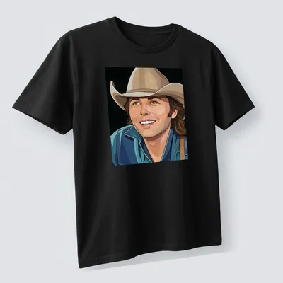 Vector illustration of Dwight Yoakam in a cowboy hat, featuring modern lines and colors — printed on a unisex t-shirt (angled view)