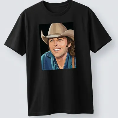 Vector illustration of Dwight Yoakam in a cowboy hat, featuring modern lines and colors — printed on a unisex t-shirt