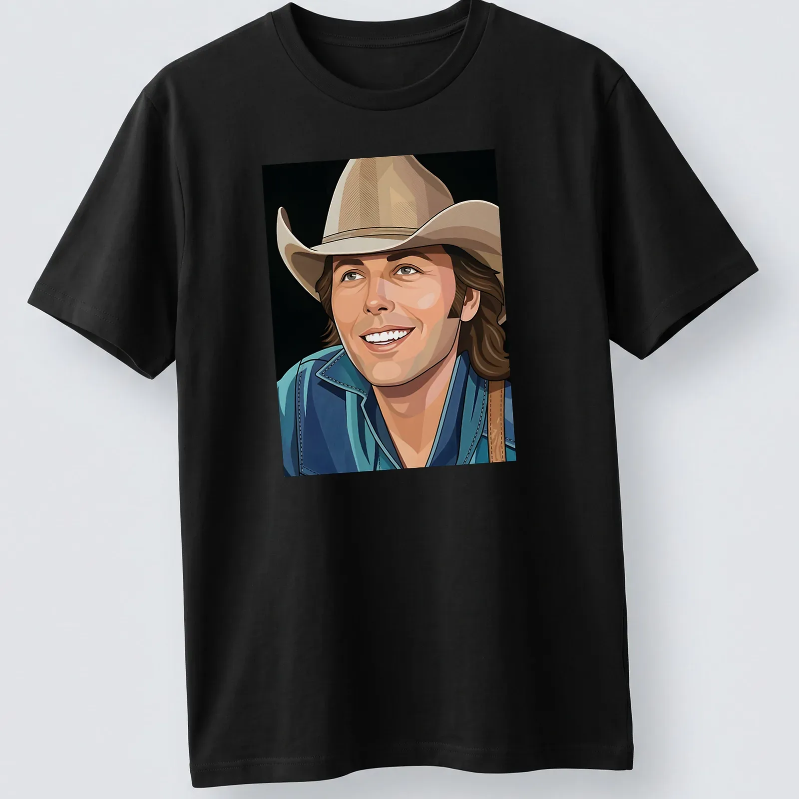 Vector illustration of Dwight Yoakam in a cowboy hat, featuring modern lines and colors — printed on a unisex t-shirt