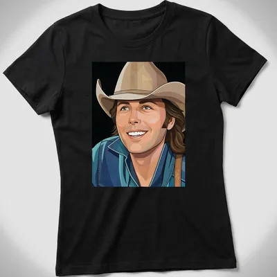 Vector illustration of Dwight Yoakam in a cowboy hat, featuring modern lines and colors — printed on a women's shirt