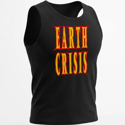 Bold graphic design featuring the text Earth Crisis in red, yellow, and white — printed on a tank top