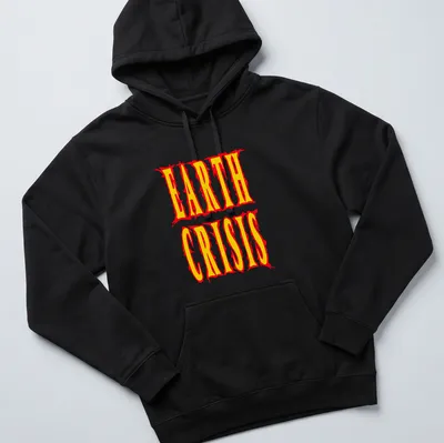 Bold graphic design featuring the text Earth Crisis in red, yellow, and white — printed on a unisex hoodie