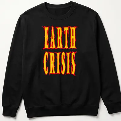 Bold graphic design featuring the text Earth Crisis in red, yellow, and white — printed on a unisex sweatshirt