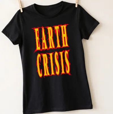 Bold graphic design featuring the text Earth Crisis in red, yellow, and white — printed on a women's shirt