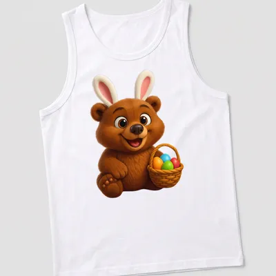 Kawaii design of a brown bear with a basket of colorful Easter eggs — printed on a tank top