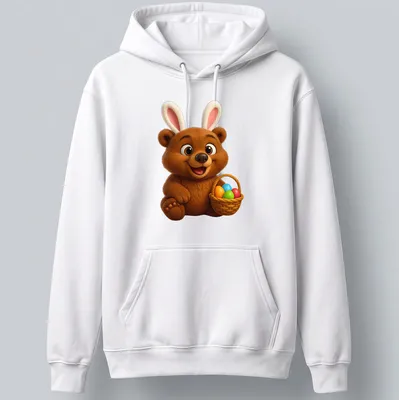 Kawaii design of a brown bear with a basket of colorful Easter eggs — printed on a unisex hoodie