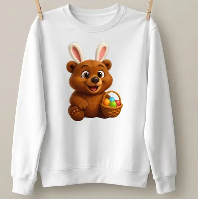 Kawaii design of a brown bear with a basket of colorful Easter eggs — printed on a unisex sweatshirt