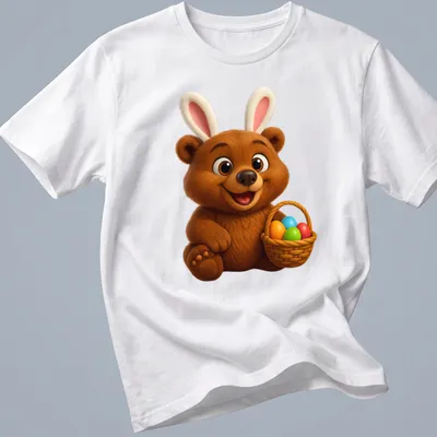 Kawaii design of a brown bear with a basket of colorful Easter eggs