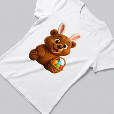 Kawaii design of a brown bear with a basket of colorful Easter eggs — printed on a women's shirt