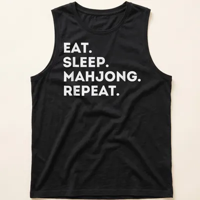 Bold typography shirt with 'EAT. SLEEP. MAHJONG. REPEAT.' text in white — printed on a tank top