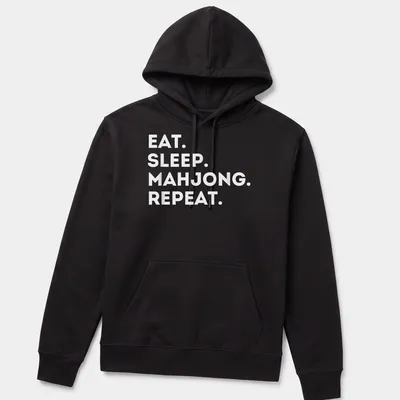 Bold typography shirt with 'EAT. SLEEP. MAHJONG. REPEAT.' text in white — printed on a unisex hoodie