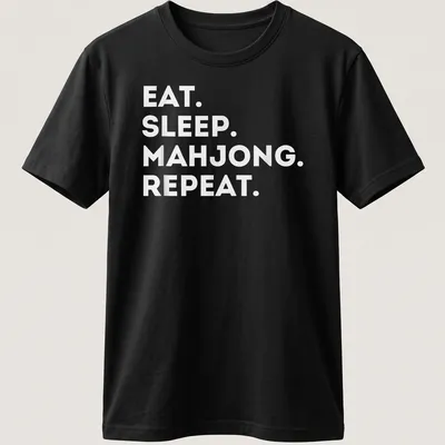 Bold typography shirt with 'EAT. SLEEP. MAHJONG. REPEAT.' text in white — printed on a unisex t-shirt