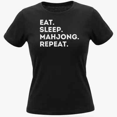Bold typography shirt with 'EAT. SLEEP. MAHJONG. REPEAT.' text in white — printed on a women's shirt