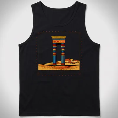 Colorful illustration of an ancient desert gate with the title Echoes of Kemet — printed on a tank top